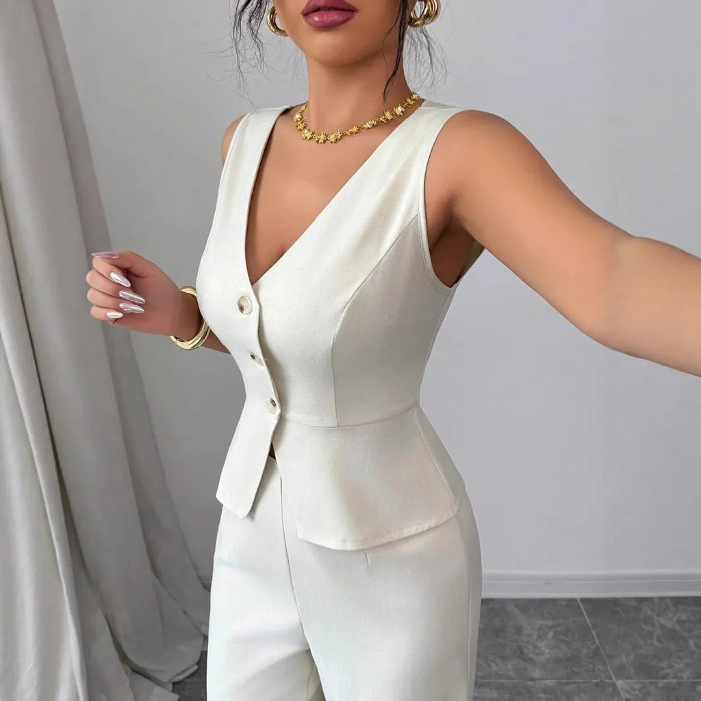 Women's black sleeveless vest and high-waisted trousers two-piece set in Japanese Korean casual style