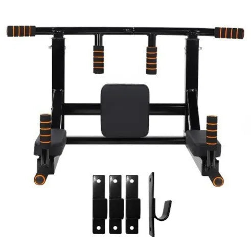 Black wall-mounted steel fitness station with sandbag rack above parallel bars and pull-up bar.