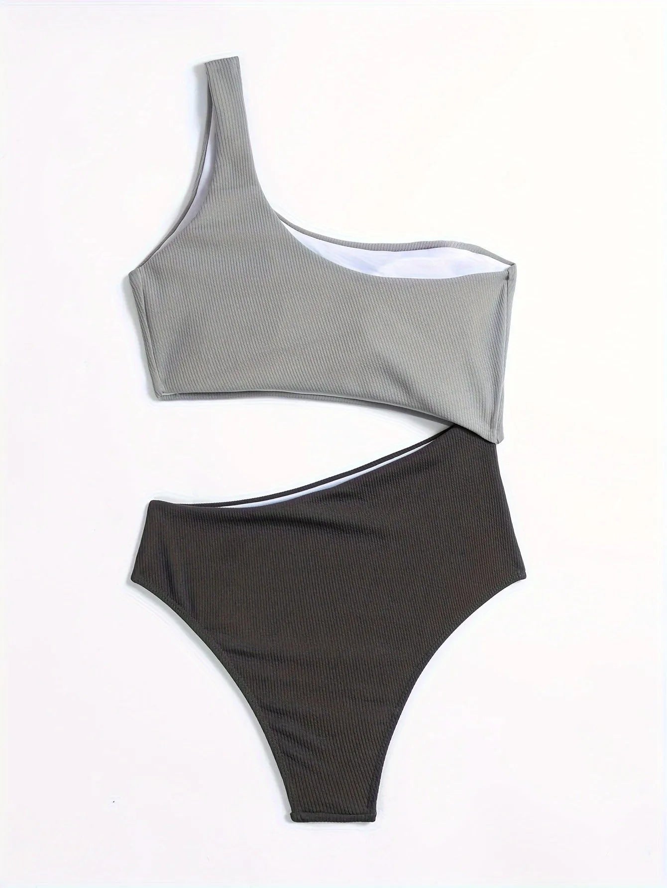 Women's light grey one-shoulder one-piece swimsuit in polyester fabric for swimming