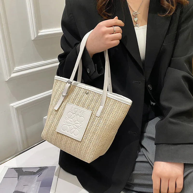 White and black straw woven women's shoulder bag with retro styling and large capacity dimensions