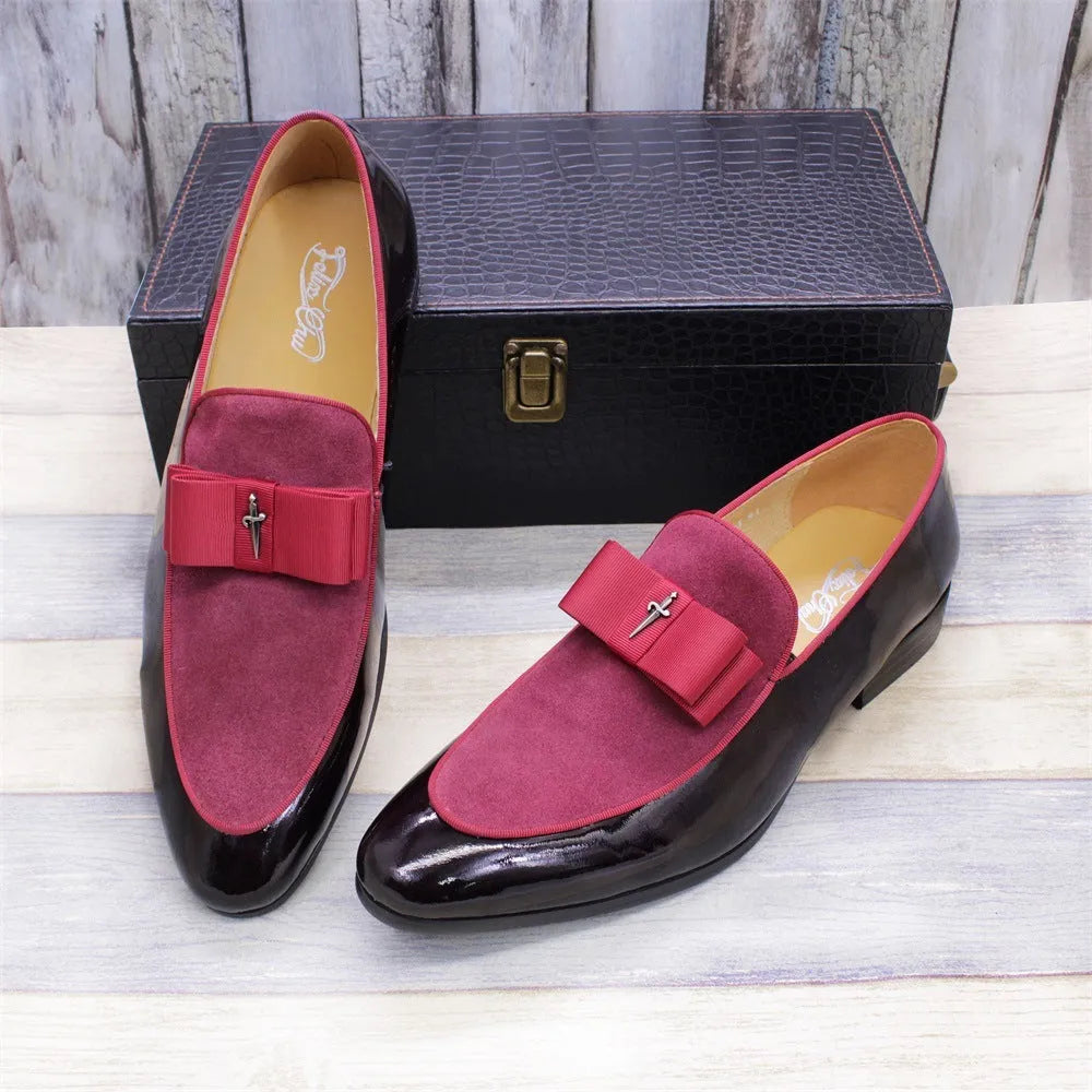 Men's low-top patent leather shoes with tassel detail in black, blue, brown, or red colours.