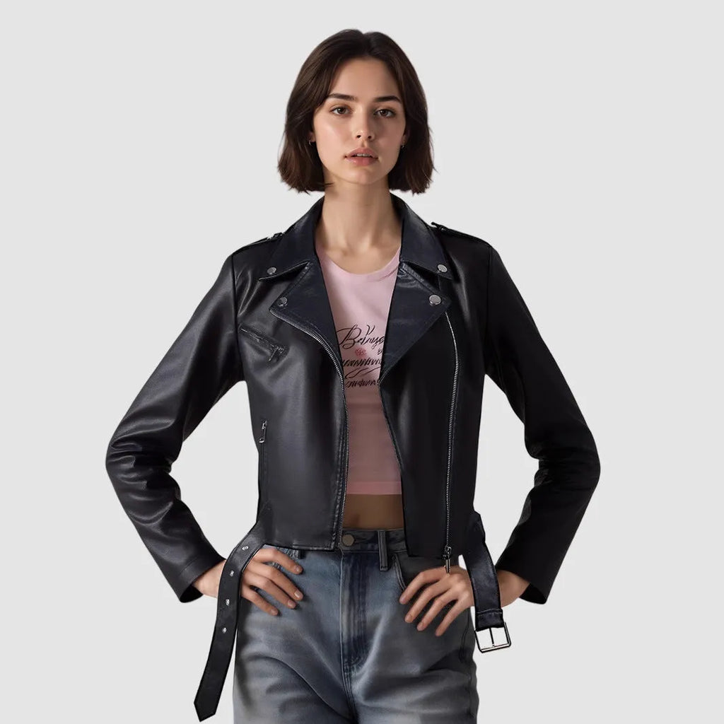 Women's black PU leather motorcycle-style jacket with lapel collar and waist belt on a hanger.