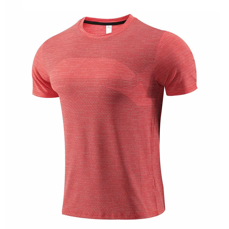 Short-sleeved red running T-shirt made from polyester spandex fabric on a size chart