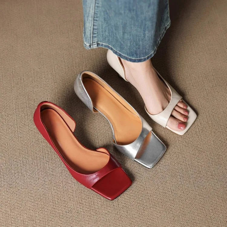Simple one-strap sandals with square toe, open toe, peep toe, thin heel in black