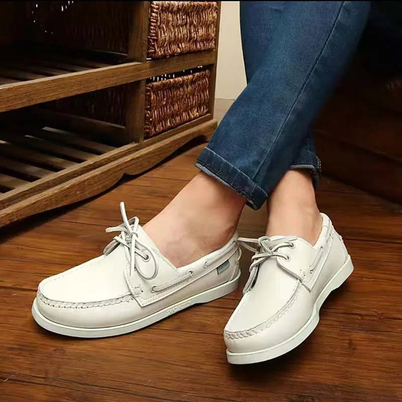Men's British style casual shoes in artificial PU with round toe and flat heel, shown in solid colour options.
