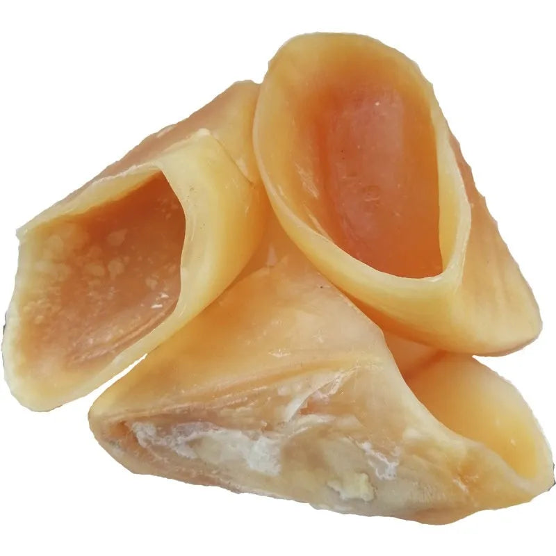 Natural cowhide anti-bite dog chew snack in hoof shell colour with size options for small and large dogs