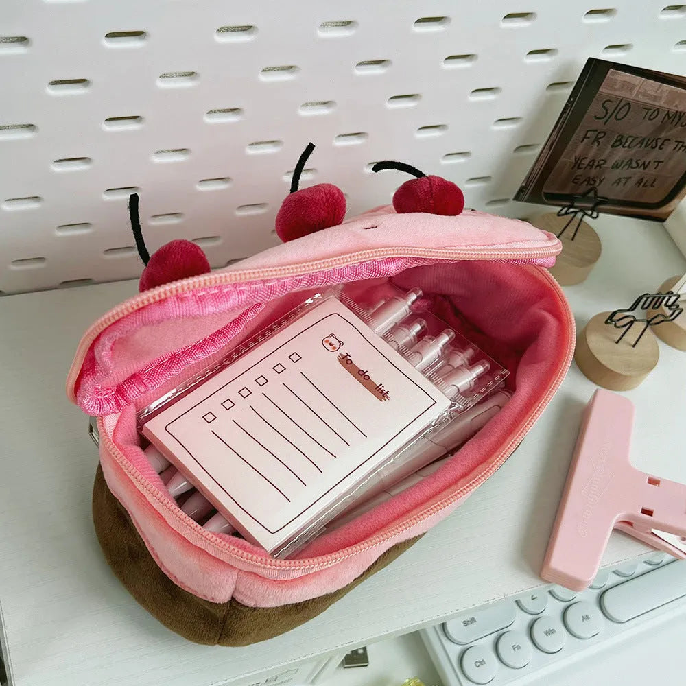 Cherry cake colour velvet plush pencil case with Korean style design and zip closure