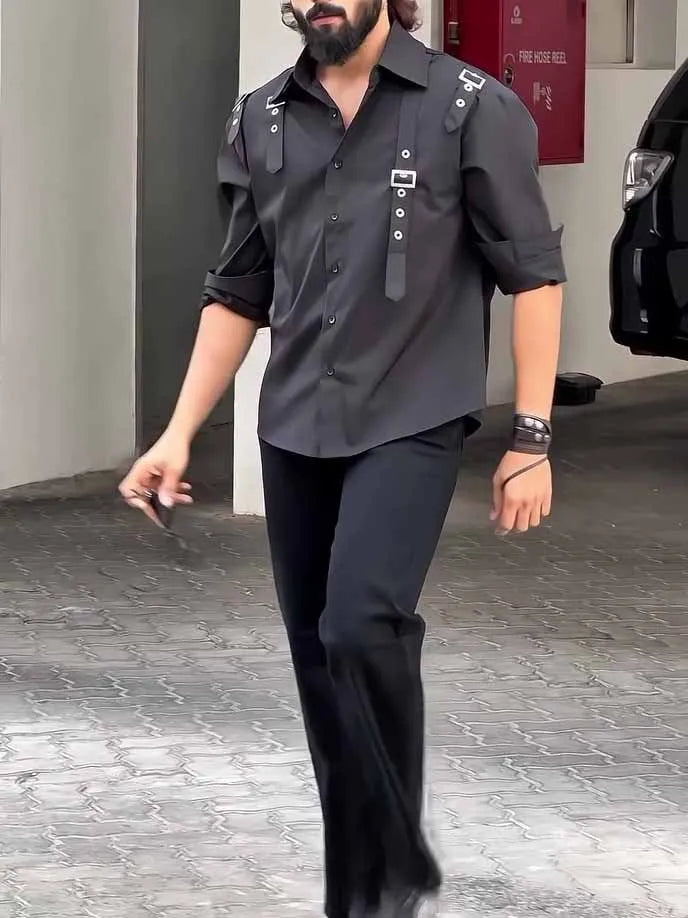 Men's black utility-style button-up shirt made from polyester fabric, showing regular fit.