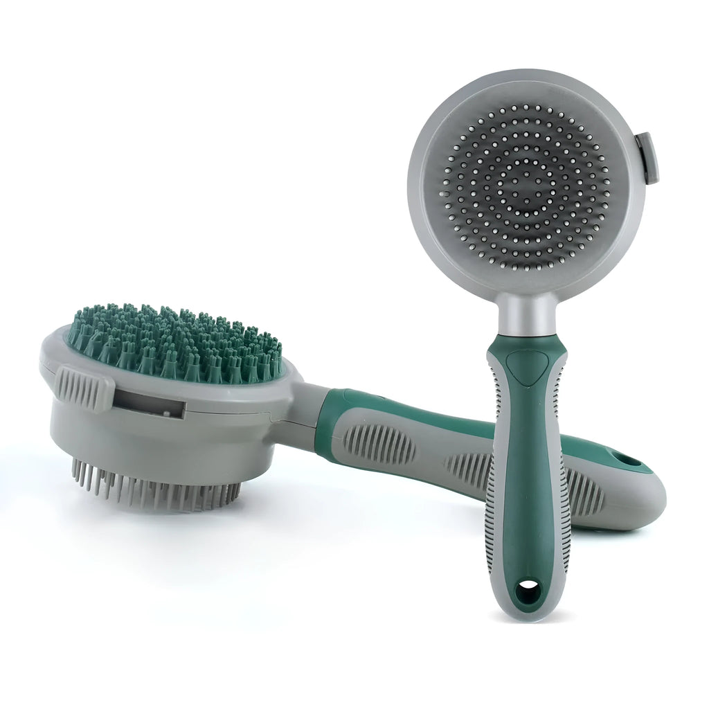 Two-sided pet grooming brush showing slicker brush side and silicone massage side in green colour