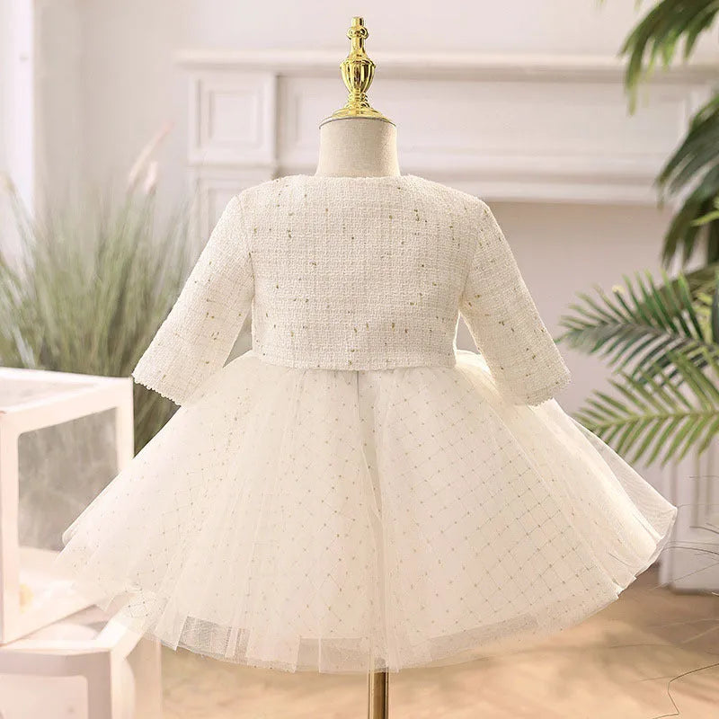 White long-sleeved princess style flower girl wedding dress with polyester lining for heights 80-160cm