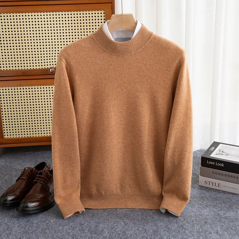 Man wearing a loose-fit half-collar wool sweater in a light business style for winter.