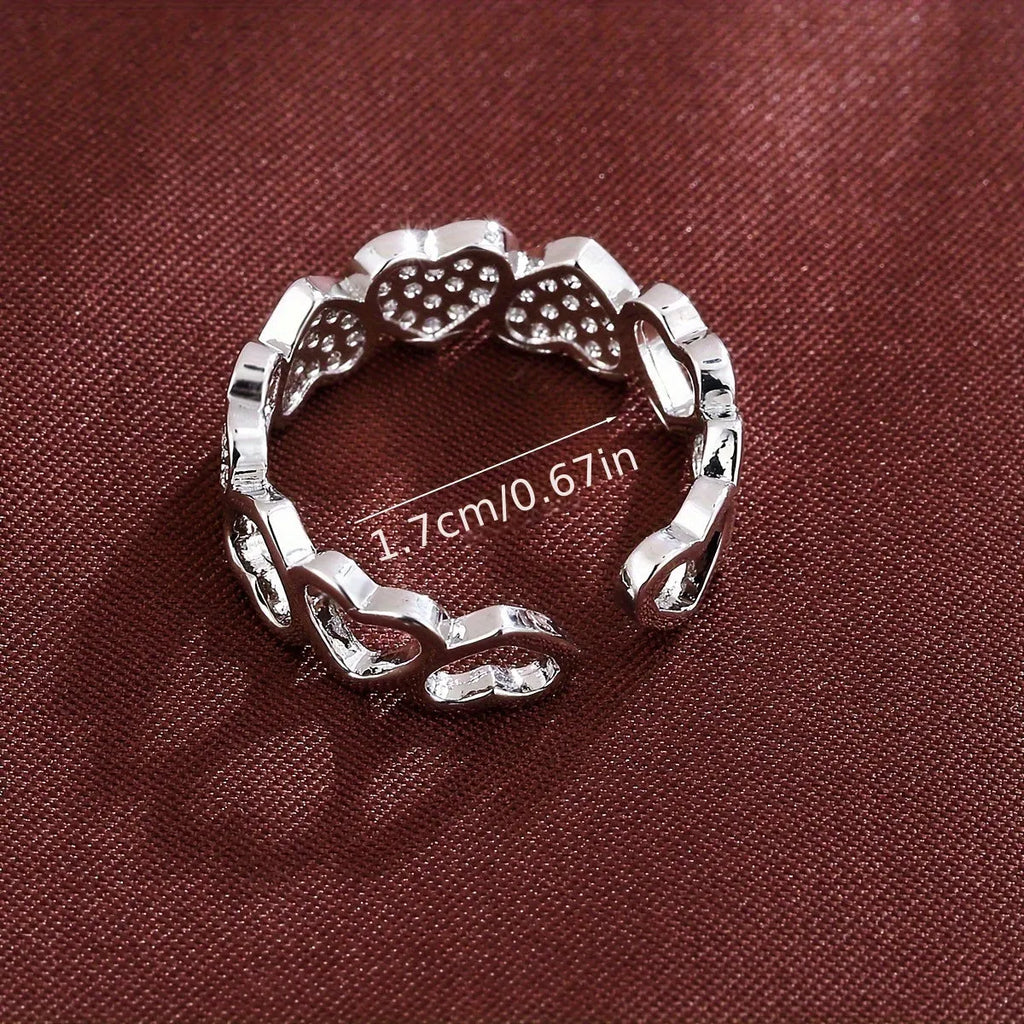 Adjustable open band couples ring with geometric heart design in gold or silver finish