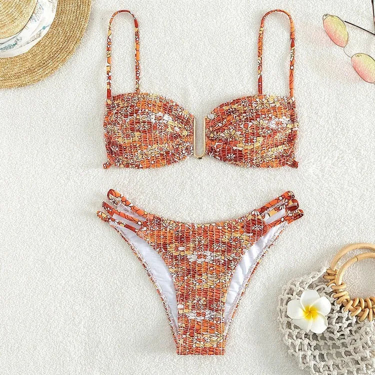 Women's floral bikini swimsuit in orange, blue and rose red colours with nylon lining