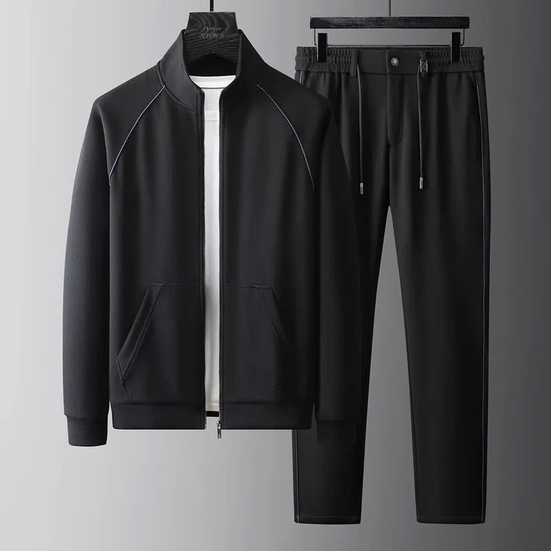 Men's slim fit sports suit with stand collar jacket and matching trousers in vinylon fabric
