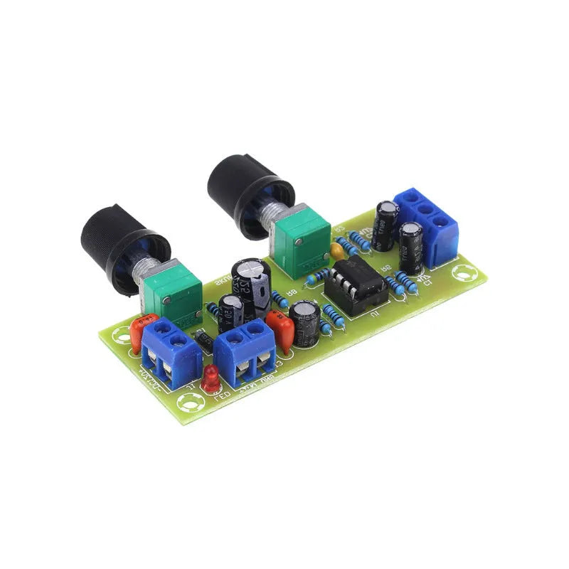 Front stage audio bass boost circuit board on FR-4 PCB with potentiometers