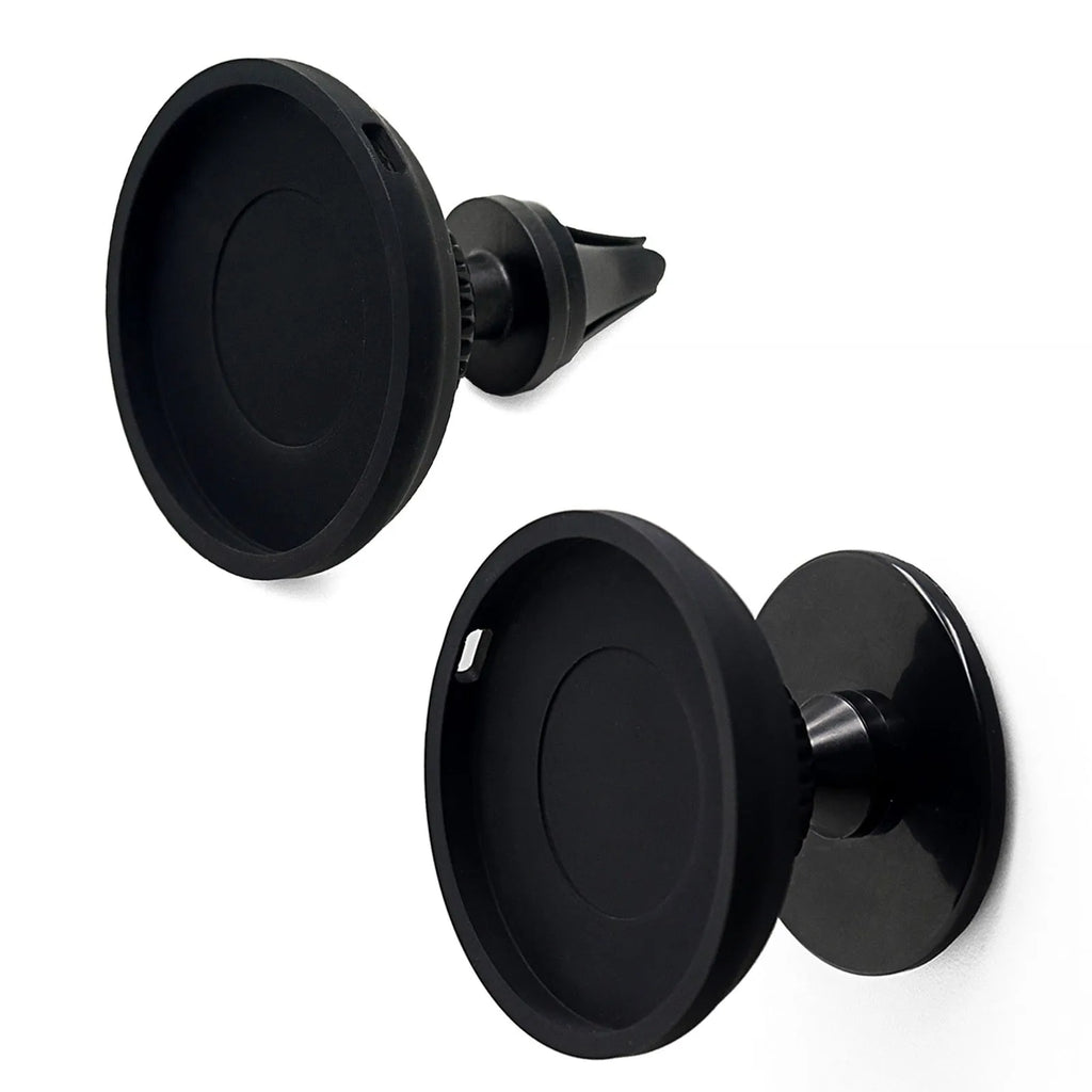 Black magnetic car phone holder showing snap-in design for mobile devices