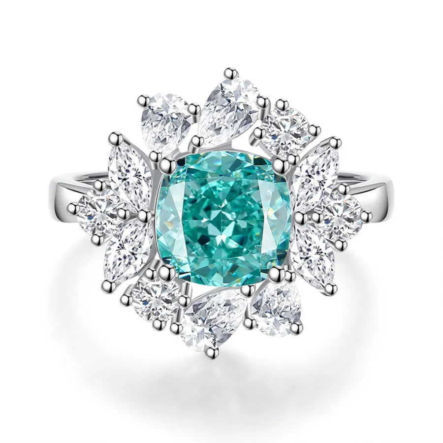S925 sterling silver ring with an elliptical emerald and inlaid high-carbon diamonds on a geometric band.