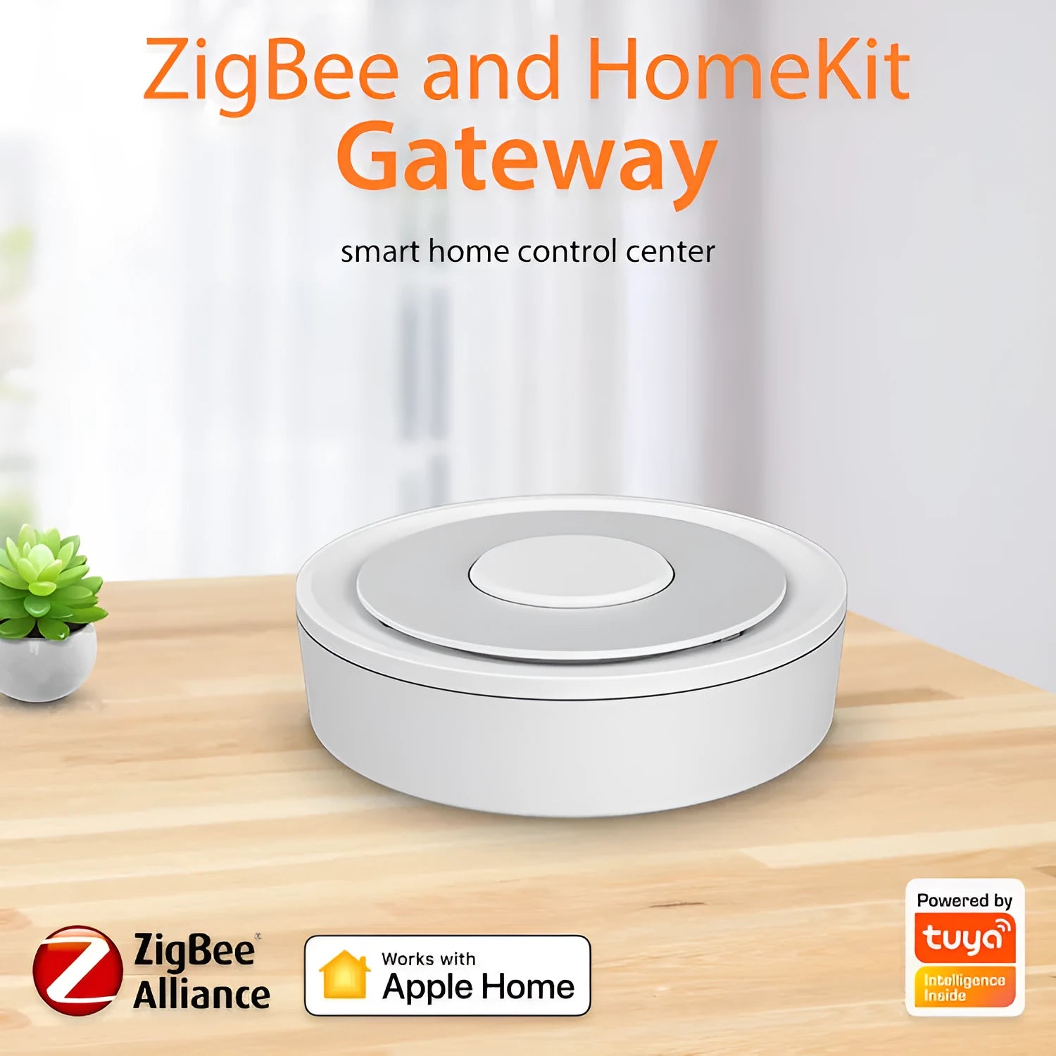 White ZigBee smart home gateway measuring 78mm square with wireless connectivity for home automation