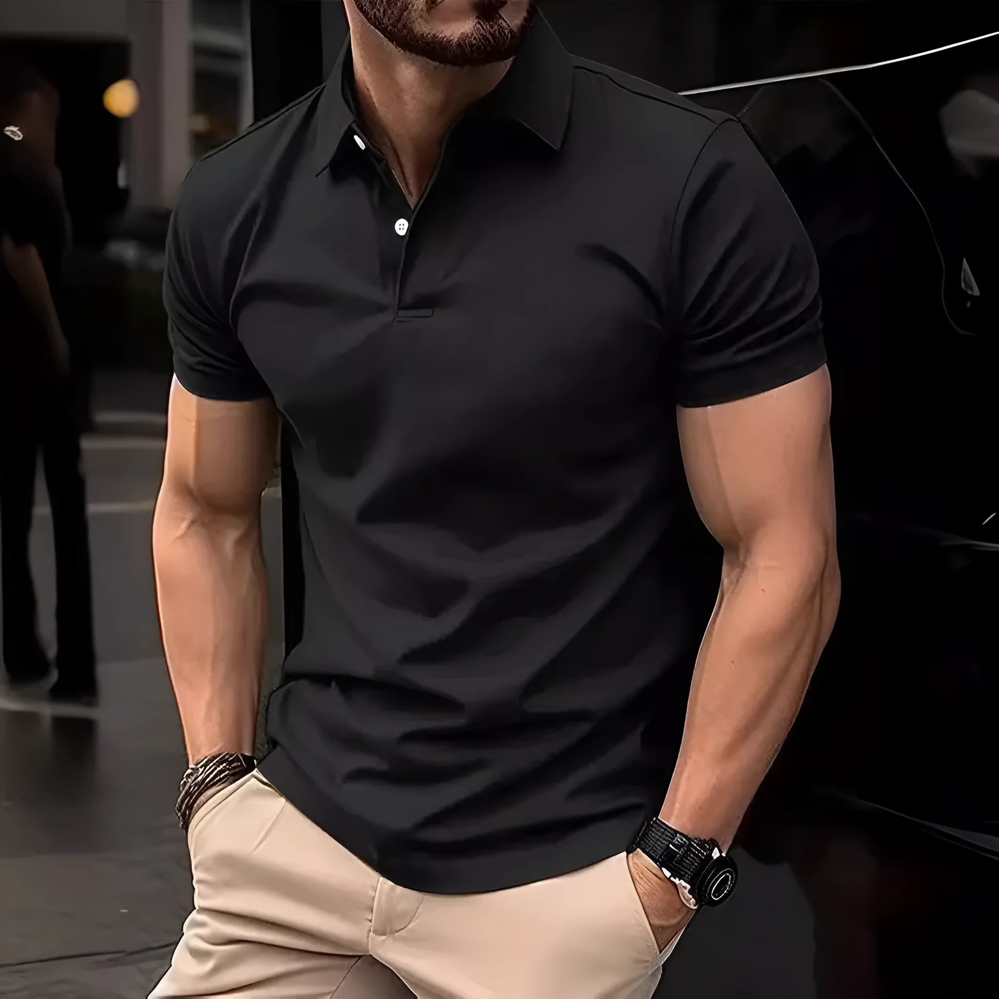 Men's slim fit short sleeve button shirt in a solid colour, showing front button placket and collar.