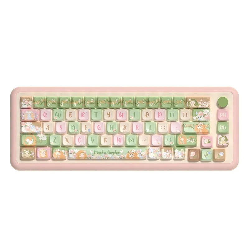 Mu Xia Garden original mechanical keyboard keycap set showing Summer Garden colour theme with sublimated graphics on five sides.