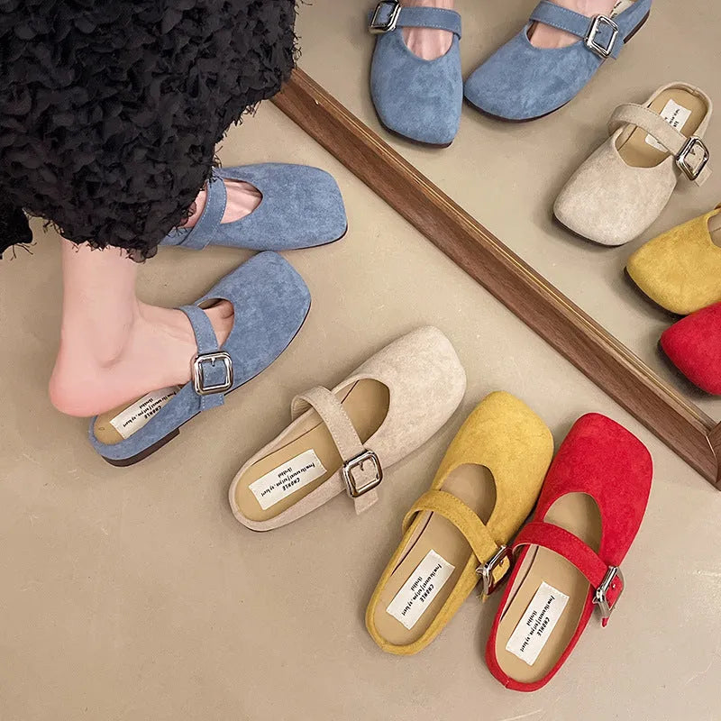 Women's flat closed toe half slippers in PU material with square toe design and rubber sole
