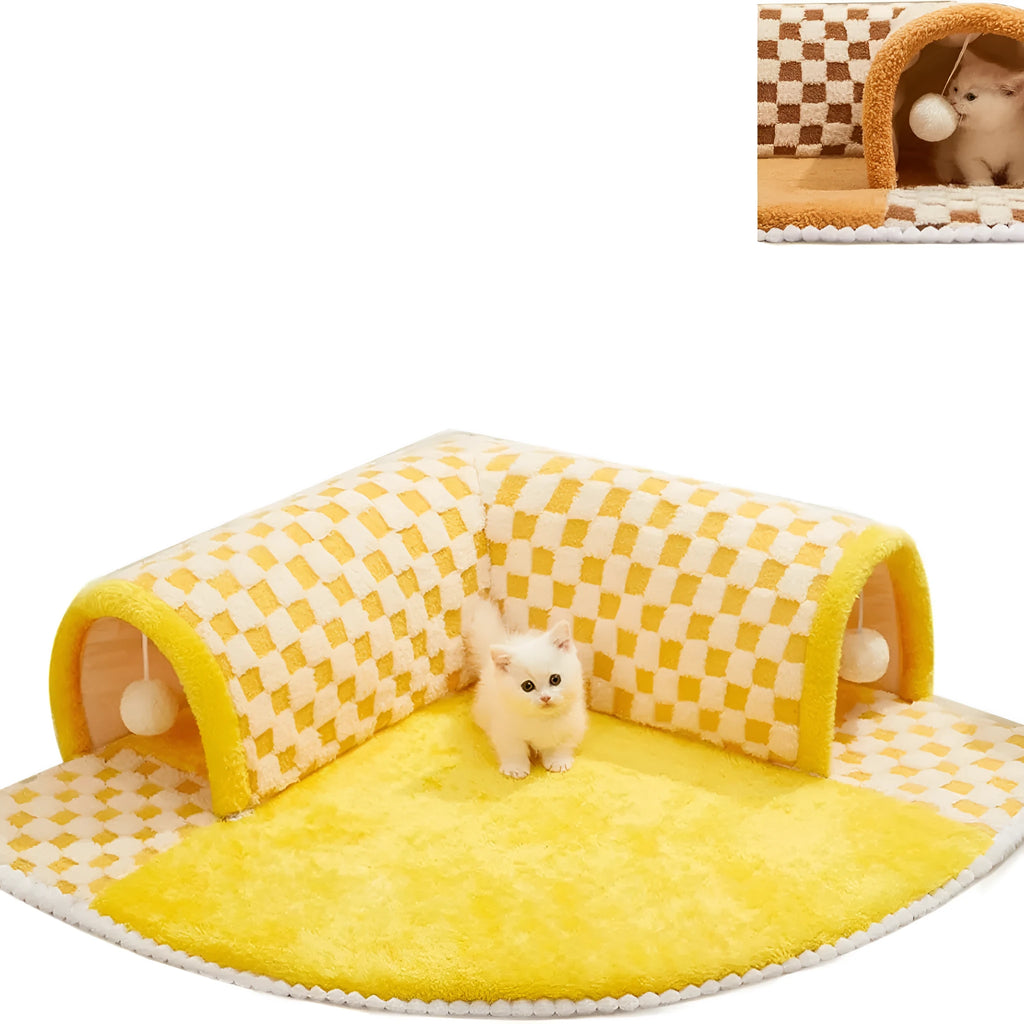Brown plush plaid XL cat tunnel bed with central mat and non-slip bottom for indoor cats.