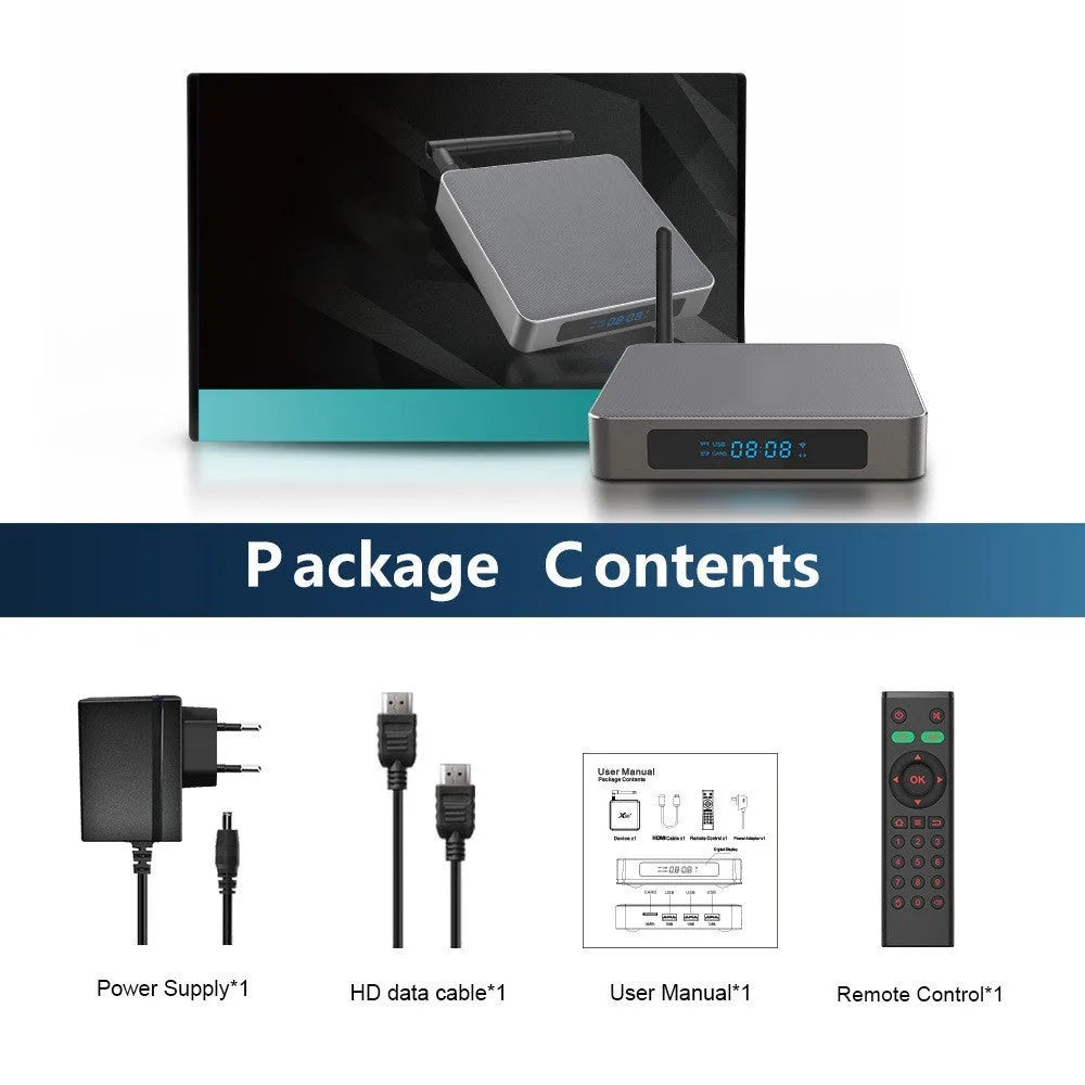Black Android 8K set-top box with remote control, HDMI cable, and UK plug on a wooden surface.