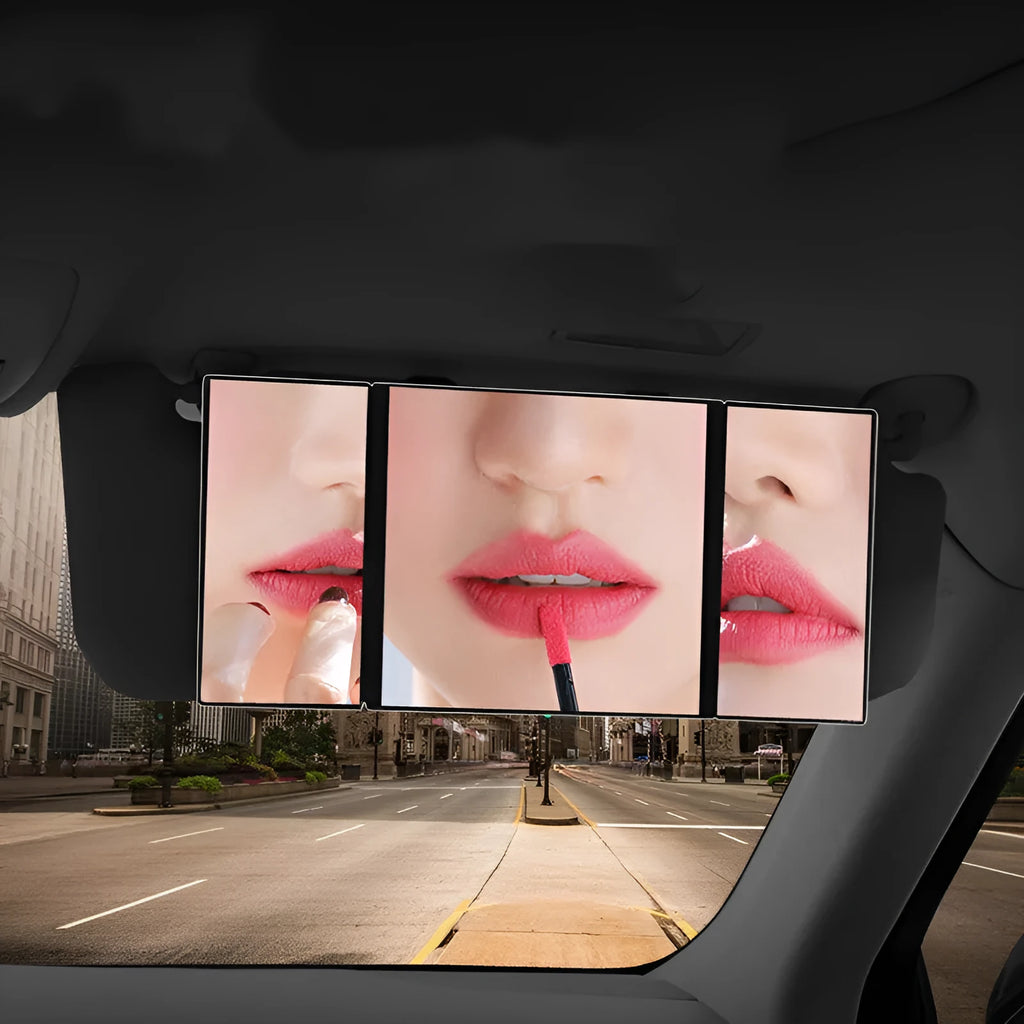 Silver car folding makeup mirror shown both closed and opened to show size difference
