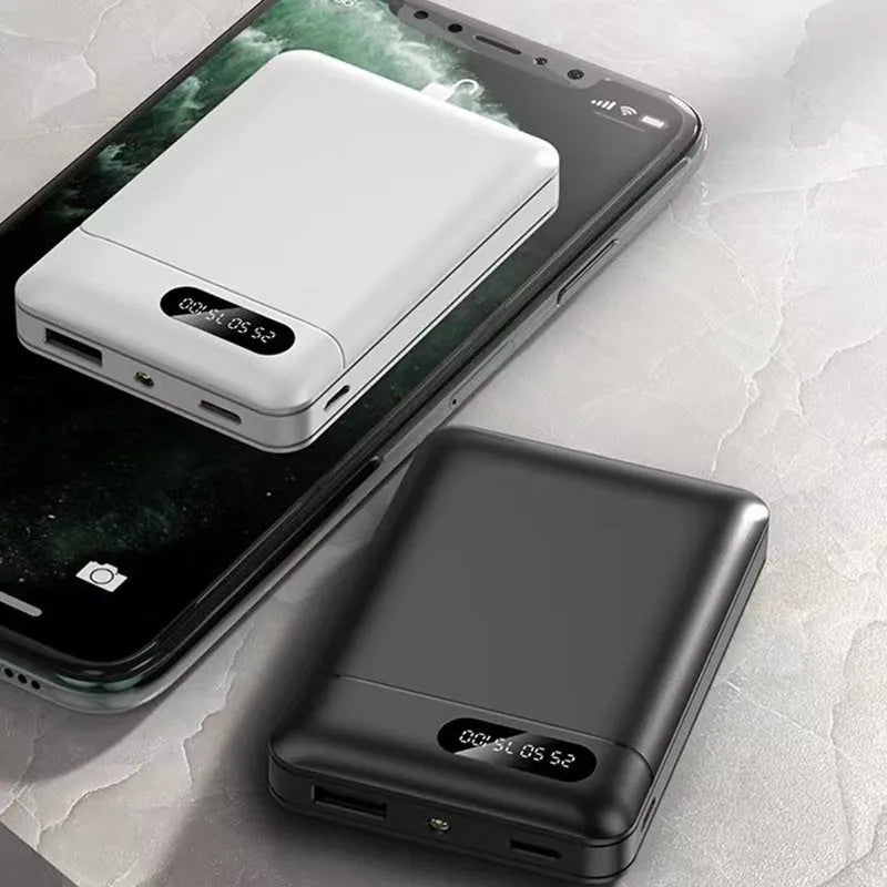 White portable power bank with multi-USB ports measuring 92x63x23mm