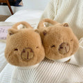 Light brown women's winter slippers with plush upper and artificial wool lining in adult sizes