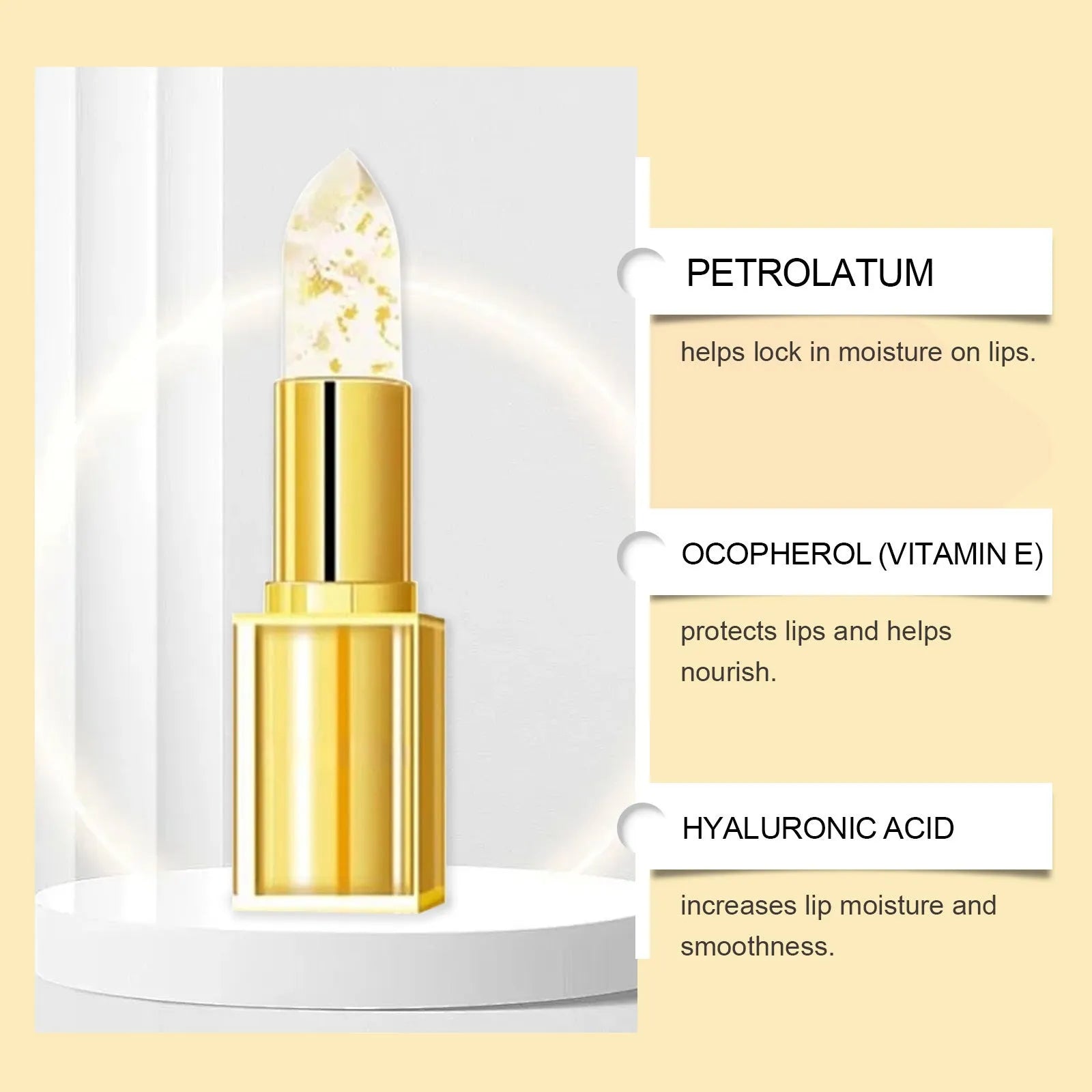 Gold foil nourishing lipstick in a gold case with hyaluronic acid and vitamin E, 3.5g content.