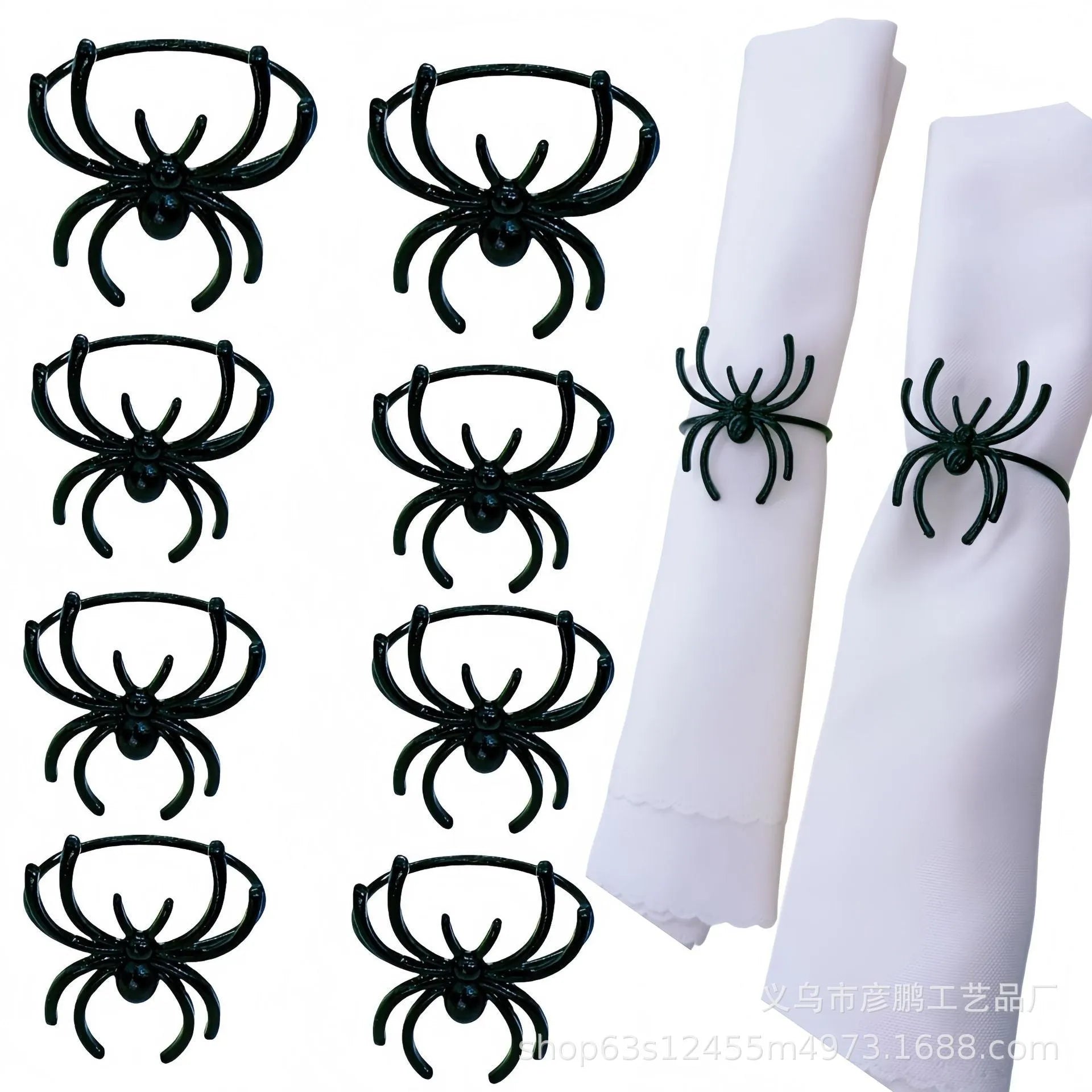 Set of six black metal spider-shaped napkin rings for Halloween table decoration.
