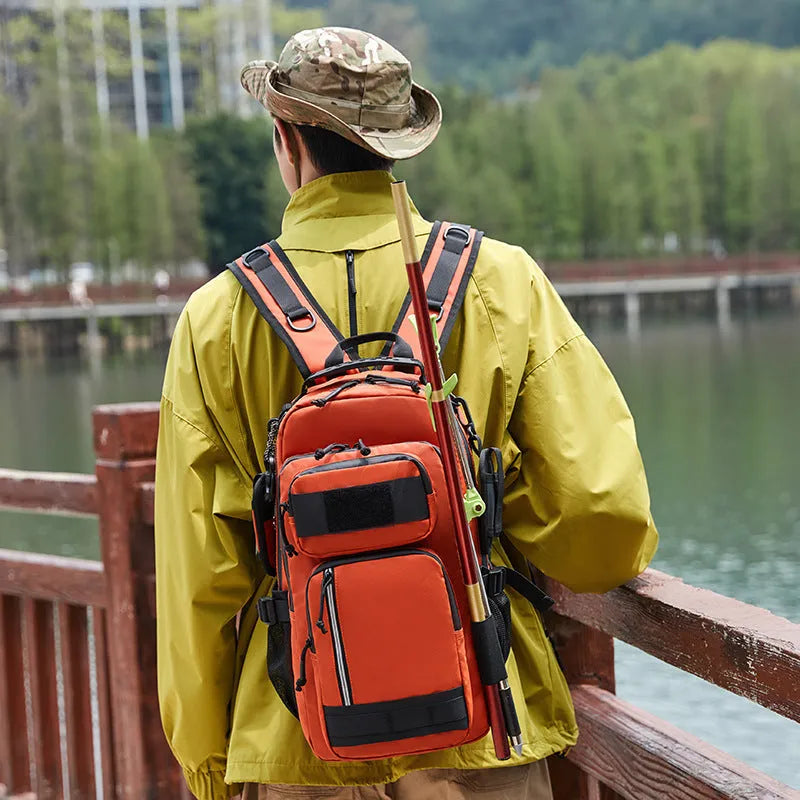 Orange and black outdoor backpack with 20-35 litre capacity for hiking camping cycling