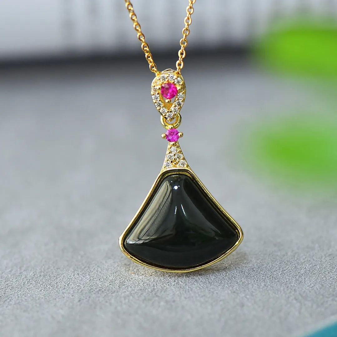 Flat Hetian grey jade pendant with copper inlay on necklace chain