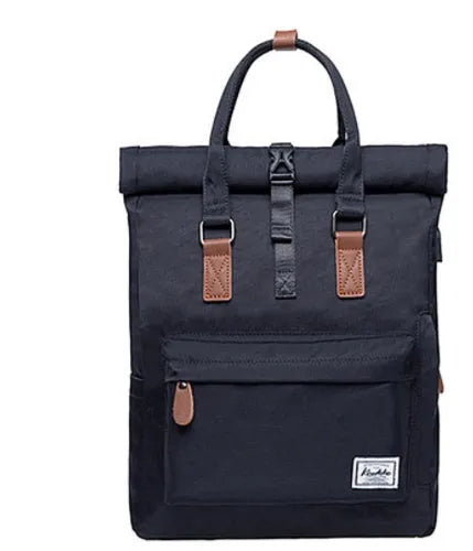 Casual black polyester backpack with cover-type opening, showing internal computer and zipper pockets.