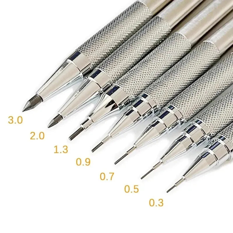 Metal automatic mechanical pencil showing five available lead diameter options from 0.5mm to 2.0mm