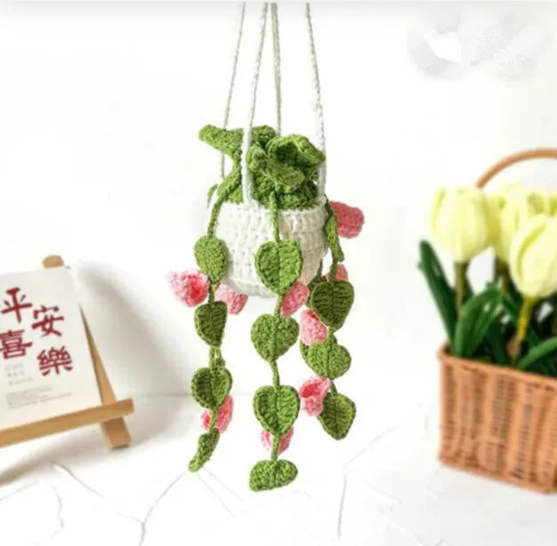 Green and white knitted wool succulent car ornament with 8cm base and hanging cord