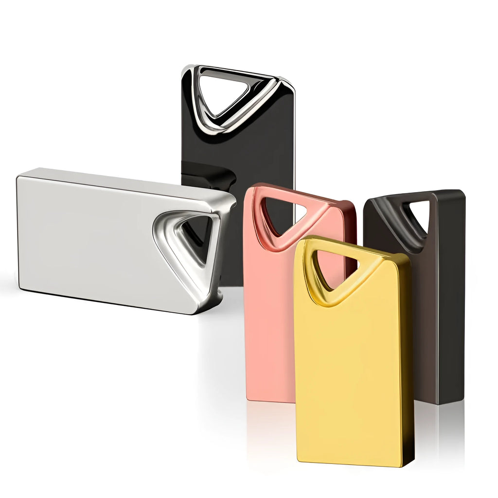 White mini metal USB flash drive with laser pen on a keyring