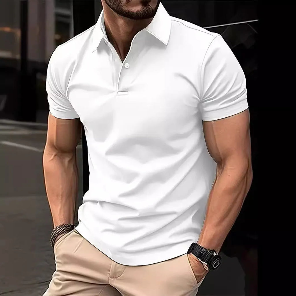 Men's slim fit short sleeve button shirt in a solid colour, showing front button placket and collar.