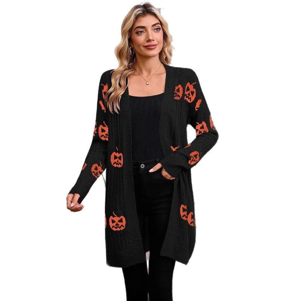 Women's black Halloween cardigan with orange pumpkin head jacquard pattern, medium length