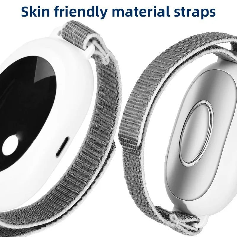 White sleep aid device with remote control and adjustable intensity settings including sleep bracelet