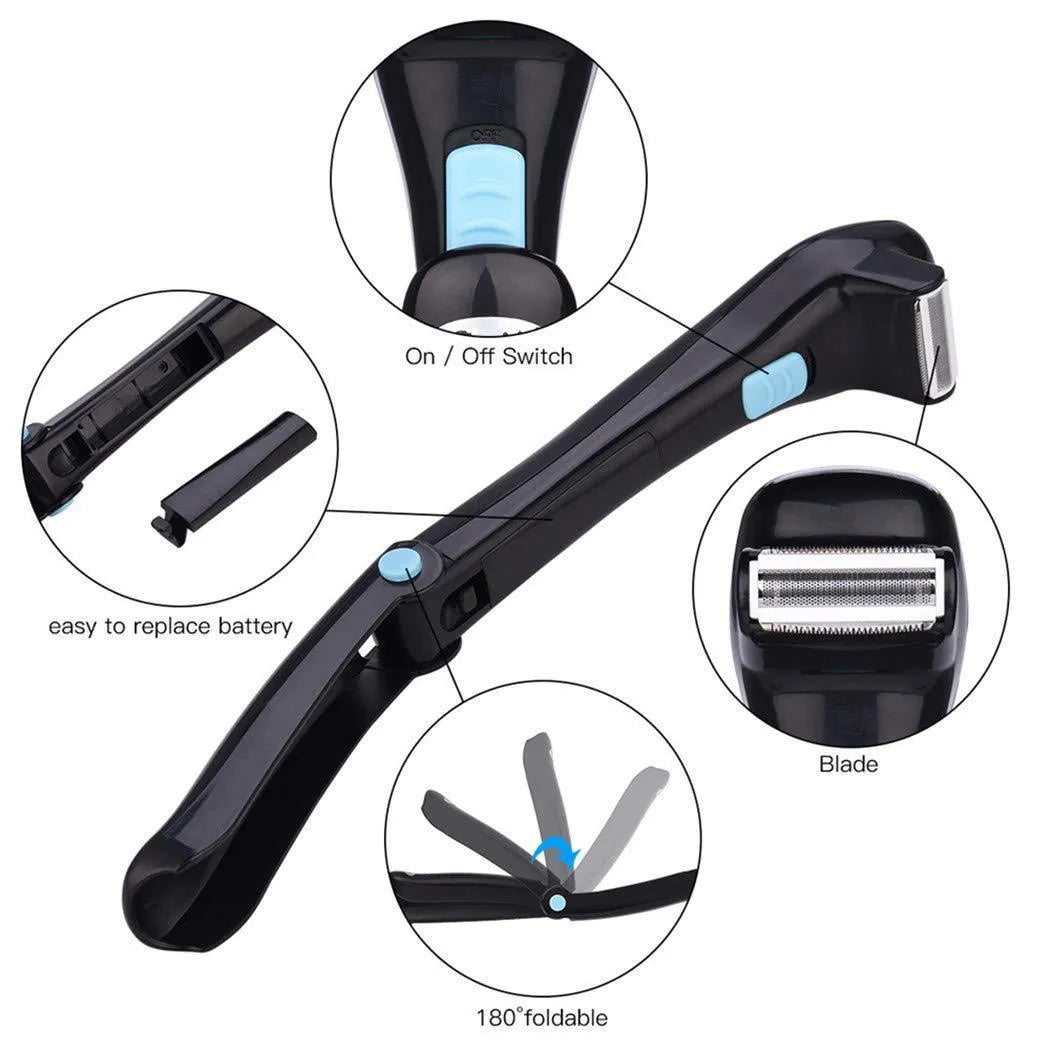 Black folding cordless electric body shaver for women on a white background.