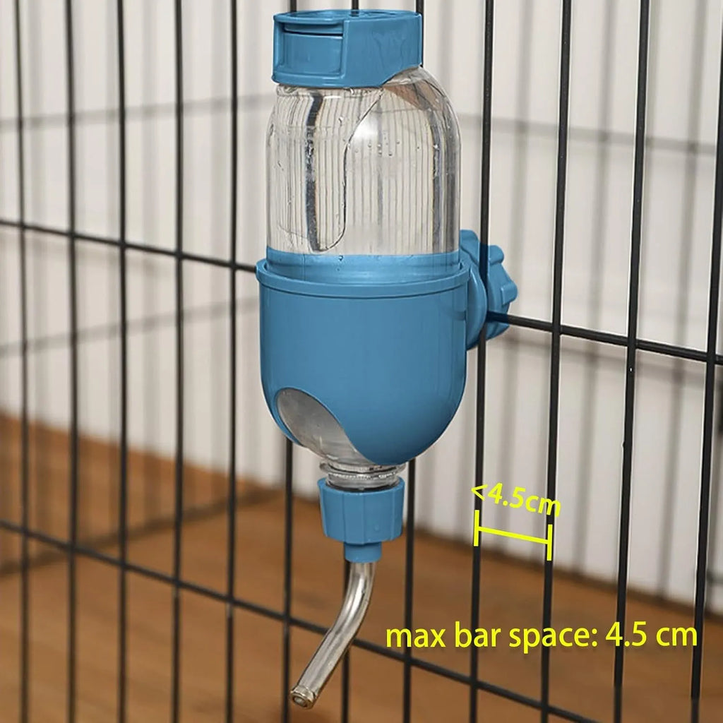 Small animal water bottle with rotatable nozzle mounted on cage bars, showing blue colour option
