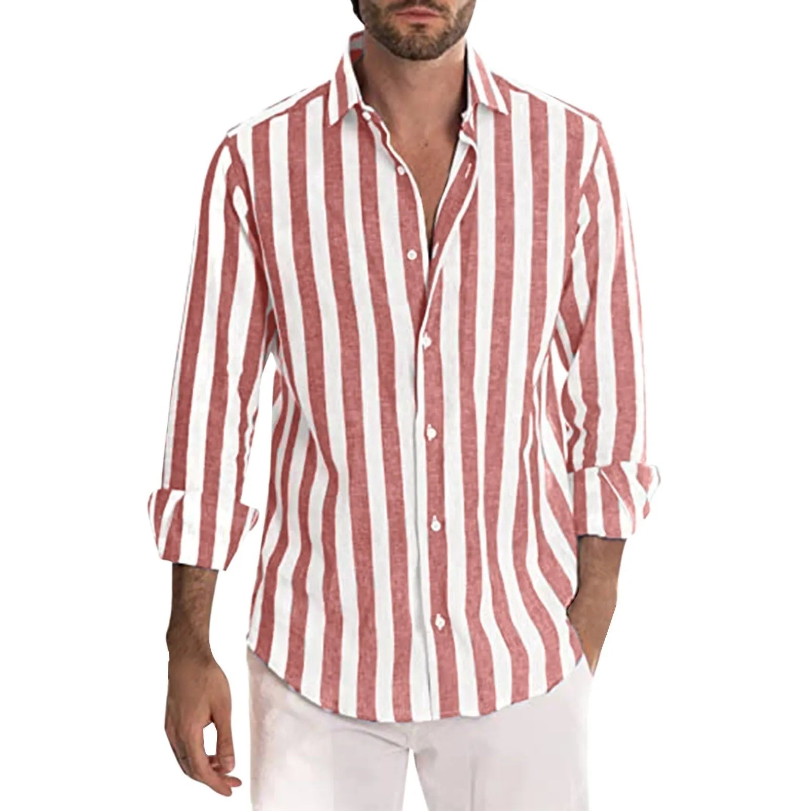 Men's loose-fitting striped long-sleeved shirt in British style cardigan cut with yarn-dyed pattern