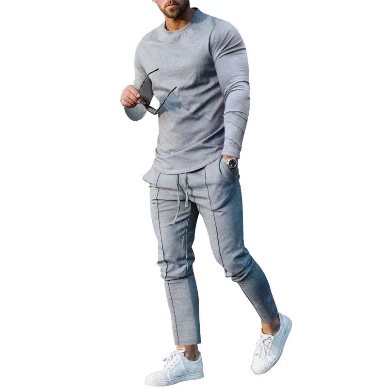 Men's light grey two-piece casual suit set with long sleeve round neck T-shirt and trousers