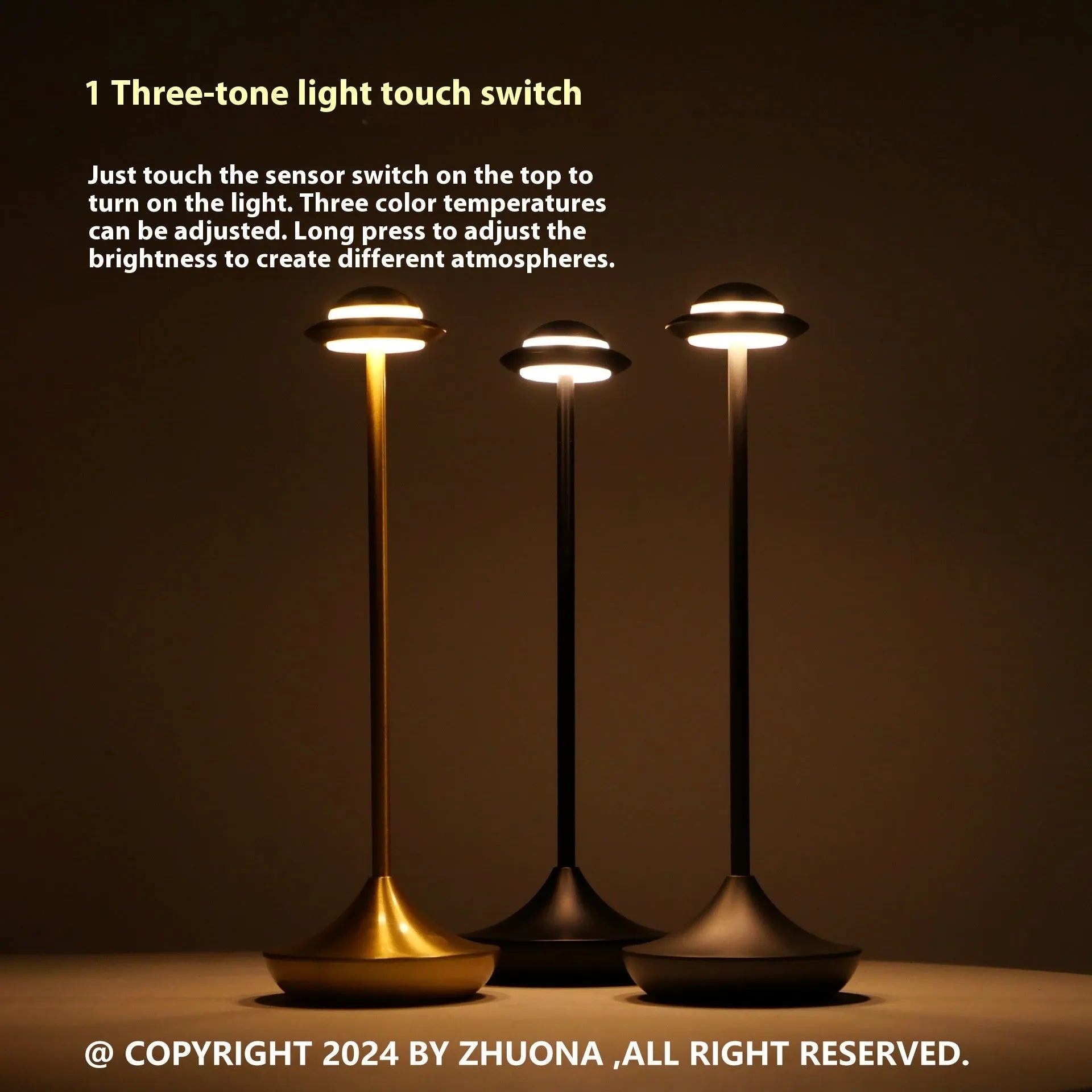Gold UFO-shaped metal desk lamp with touch controls on creative rechargeable LED lamp
