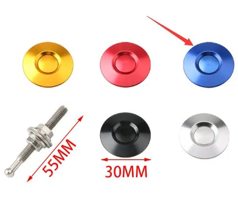 30mm diameter aluminium engine cover lock with a long screw, shown in red, silver, black, gold, and blue colour options.