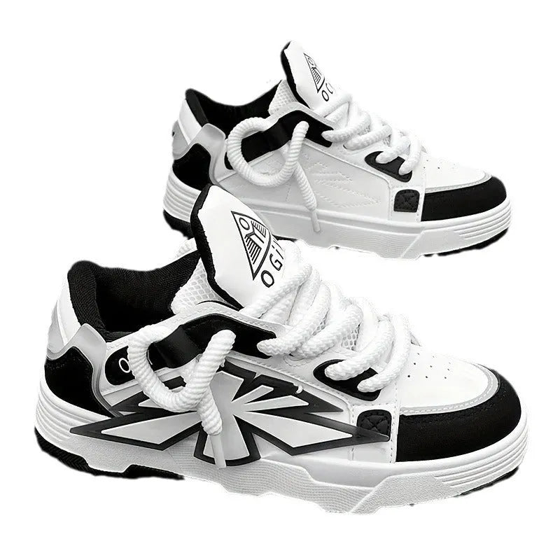 Men's white chunky sneakers with cartoon design, thick rubber sole, and lace-up front.