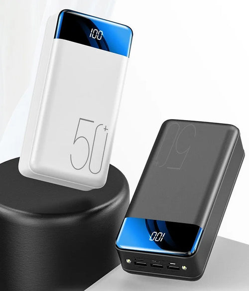 Black or white 50000mAh power bank with three USB output ports showing size scale