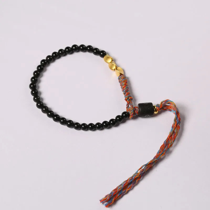 Hand-woven obsidian bracelet with 4mm width and 15.5-16cm adjustable length